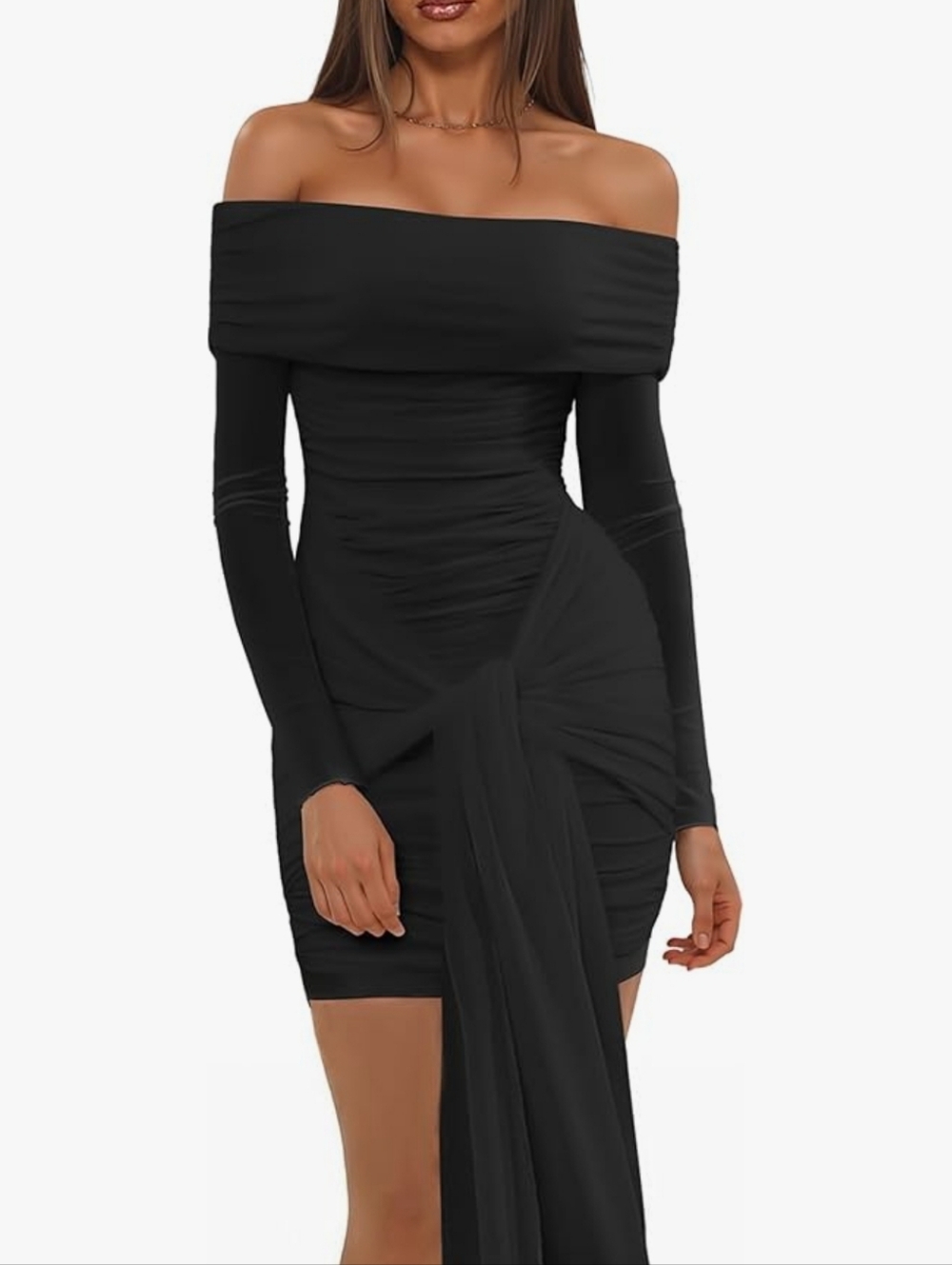 Off The Shoulder Mesh Long Sleeve Ruched Bodycon Dress with Tie Waist in XL